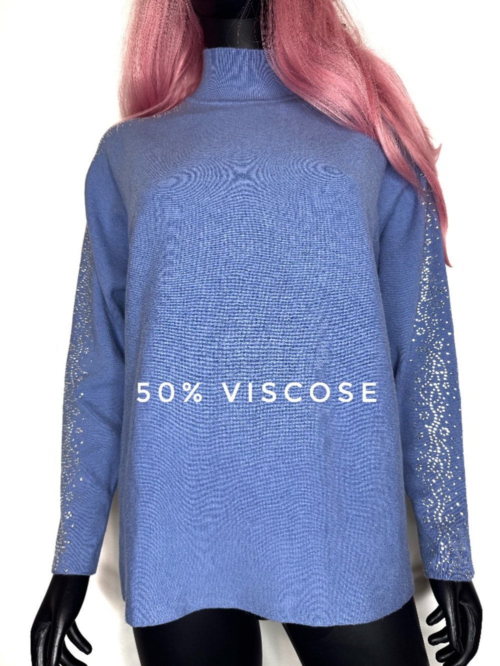Novelty Stitch Embellished Mock Neck Sweater Blue Size L Soft Knit Top